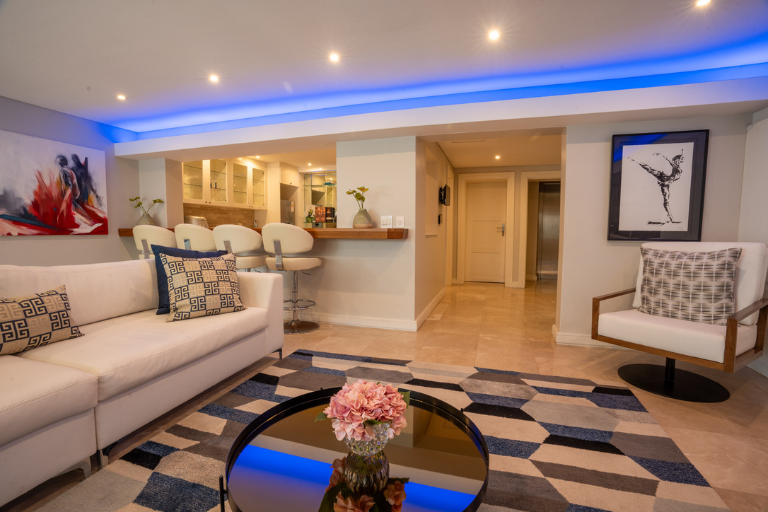 Lounge with ambient blue lighting
